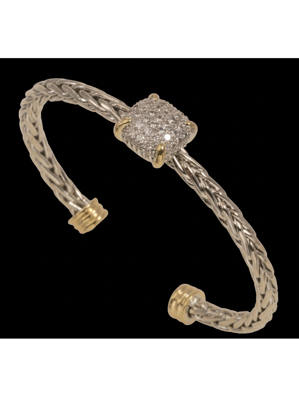 Two-Tone Braided Silver and Gold Cuff Bracelet with Pave Cub